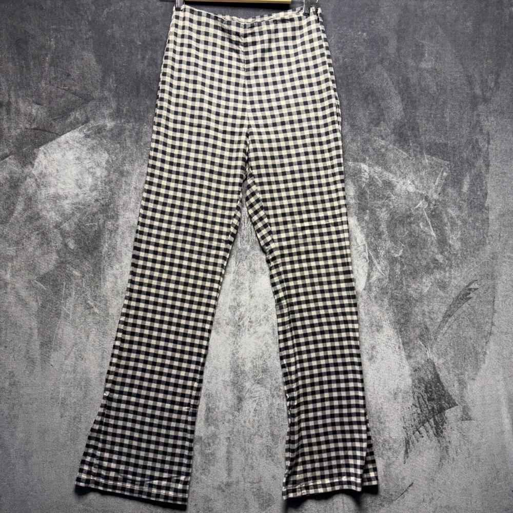 Volcom Pants Womens S Black White Cotton Gingham Flare High Rise Stretch Casual